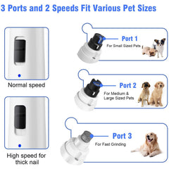 Casfuy dog nail grinder with 3 ports adapts to paw size and nail hardness.