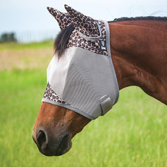 Cashel Crusader fly mask leopard ears shown on horse head demonstrates comfortable, secure fit for daily use