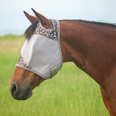 Cashel Crusader fly mask close-up highlights the three-hole cap design for clear vision.