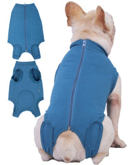 Caslfuca dog recovery suit zipper close-up showing easy-on design for post-surgery care.
