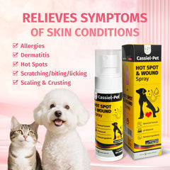 Cassiel pet wound care spray applied to skin for easy cleaning.