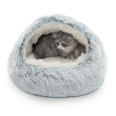 CATISM Cozy Plush Hooded Cat Bed cover provides warm, cloud-soft comfort for cozy naps.