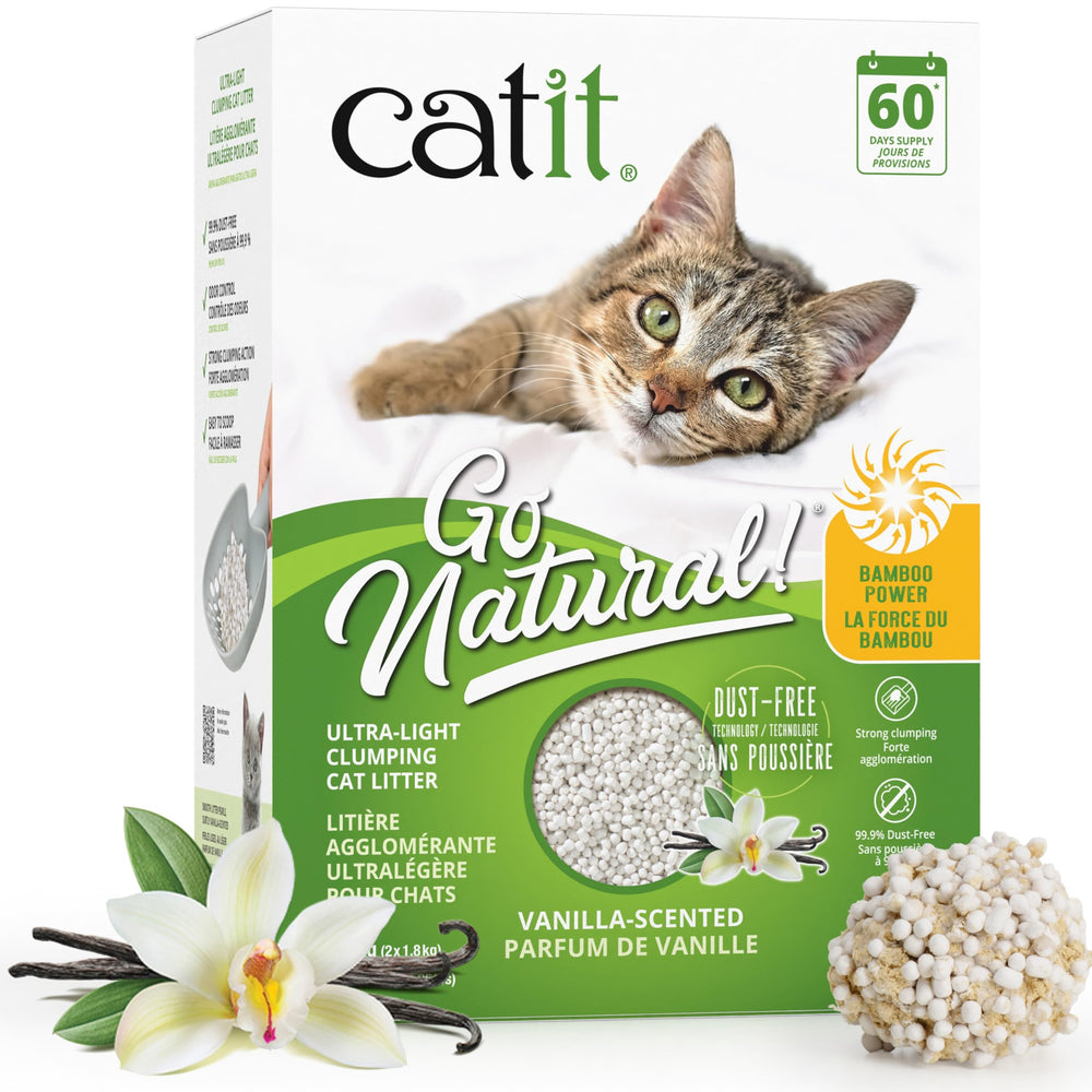 Catit Go Natural bamboo pellets for soft-paw litter comfort.