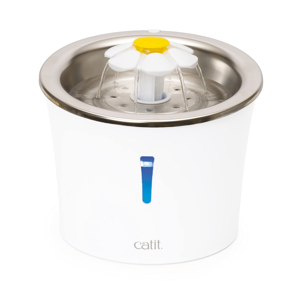 Catit stainless steel flower fountain top view shows water flow for fresher hydration