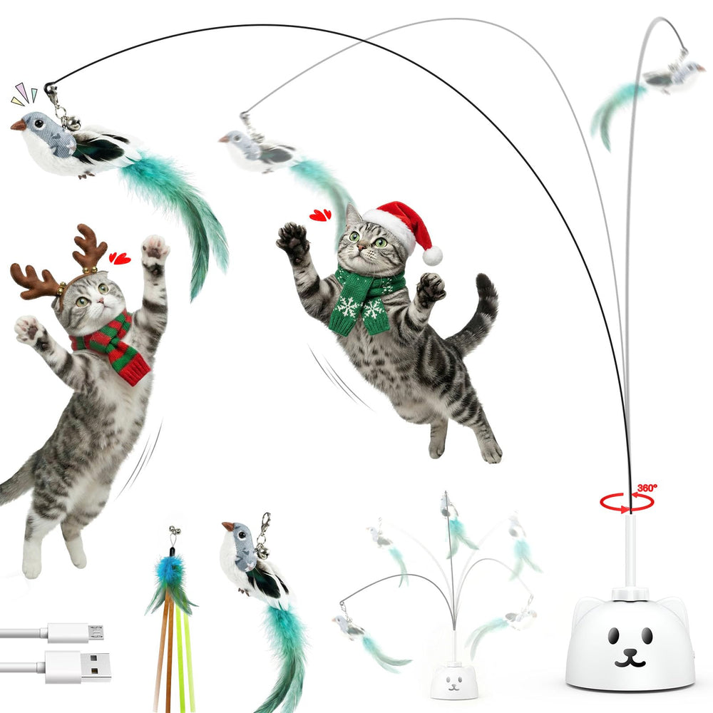 Catpick joy 360° spin bird toy shown on surface for interactive indoor play