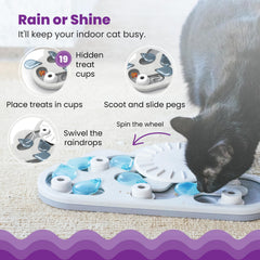 Catstages Nina Ottosson Rainy Day Puzzle wheel spinning uncovers treats, encouraging slow feeding.