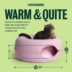 Cattasaurus Peekaboo Cat Cave detachable-tunnel pink section enables quick cleaning.