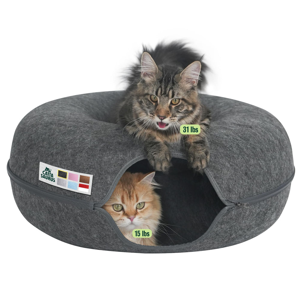 Cattasaurus Peekaboo Cat Cave Donut top view shows spacious lounging for large cats.