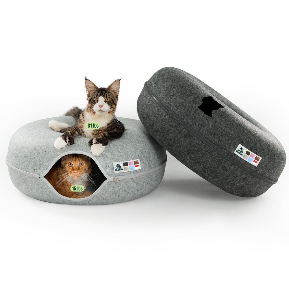 Cattasaurus Peekaboo Cat Cave Duo front view shows a spacious, cozy sanctuary for multiple cats.