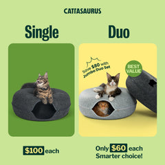 Cattasaurus Peekaboo Cat Cave Duo side view highlights extra space and easy entry for cats.