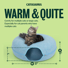 Cattasaurus Peekaboo Cat Cave tunnel side view highlights multi-use 3-in-1 design