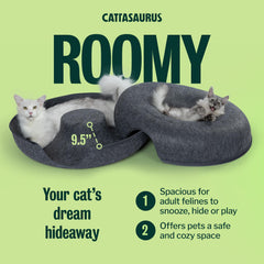 Cattasaurus Peekaboo Cat Cave Tunnel side emphasizes durable felt and scratch readiness.