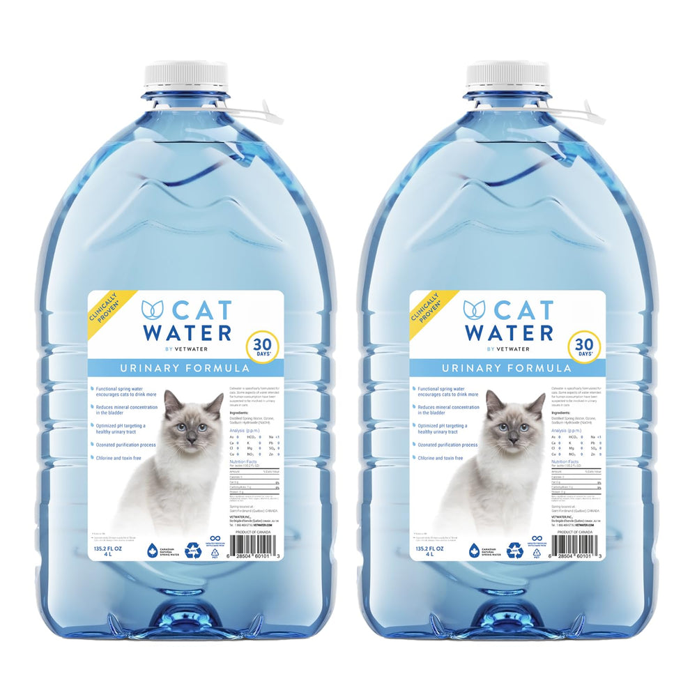 CatWater bottle pours clear water; mineral-free formula for cats' urinary health.