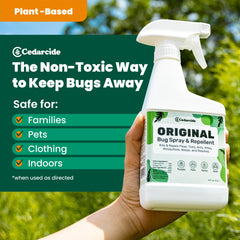 Cedarcide Original Bug Spray being applied outdoors to deter mosquitoes.