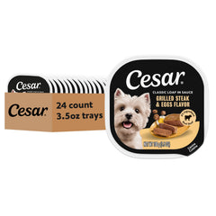 Cesar Classic Loaf in Sauce Grilled Steak & Eggs tray showing a juicy, protein-packed meal for dogs