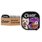 Cesar Filet Mignon Loaf & Topper tray close-up showing tender beef with bacon, ideal kibble topper.
