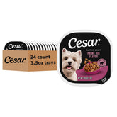 Cesar Filets in Gravy Prime Rib tray open showing tender beef for adult dogs.