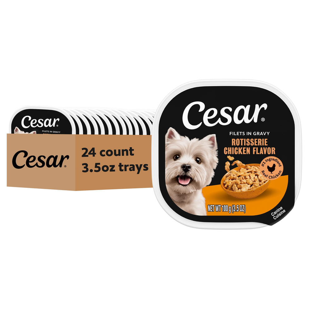 Cesar Filets in Gravy Rotisserie Chicken tray with easy-peel seal for quick serving.