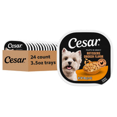 Cesar Filets in Gravy Rotisserie Chicken tray with easy-peel seal for quick serving.