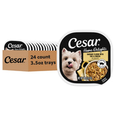 Cesar Home Delights sausage flavor tray close-up showing protein rich meal for adult dogs