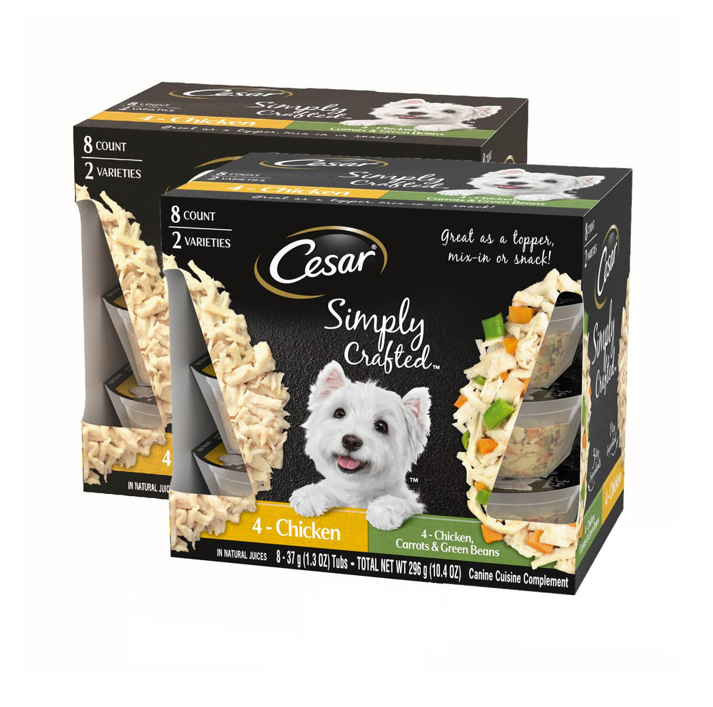Cesar Simply Crafted topper with chicken and vegetables in a tray enhances kibble flavor.