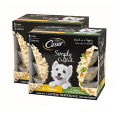 Cesar Simply Crafted topper with chicken and vegetables in a tray enhances kibble flavor.