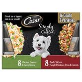 Cesar Simply Crafted beef and vegetables topper on kibble for flavor boost.