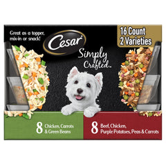 Cesar Simply Crafted beef and vegetables topper on kibble for flavor boost.