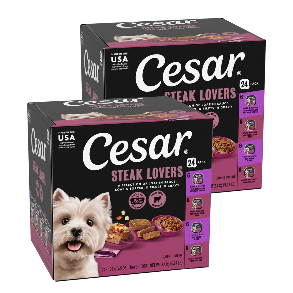 Cesar Steak Lovers wet dog food tray offers a convenient daily meal for dogs.