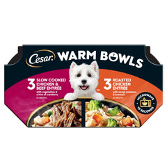 Cesar Warm Bowls chicken-beef entrees tray shows premium ingredients and inviting aroma.