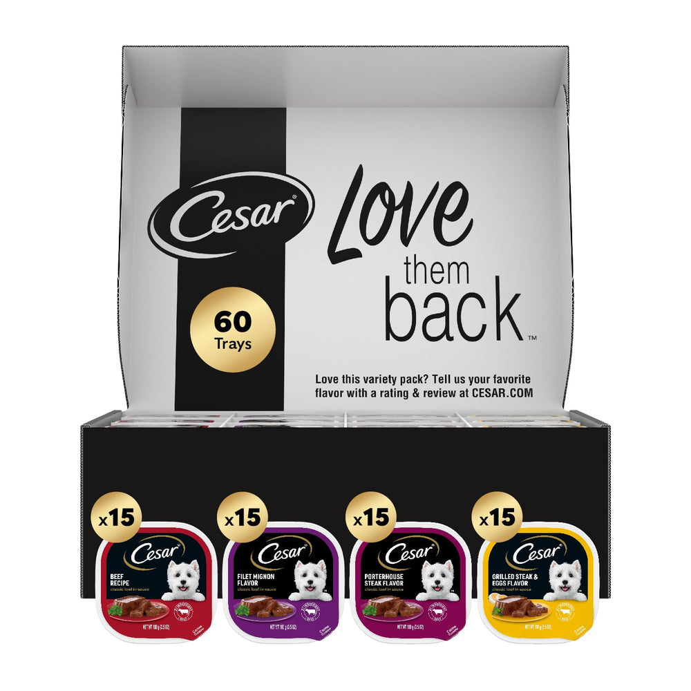 Cesar Variety Pack 60 trays for quick, mess-free meals.