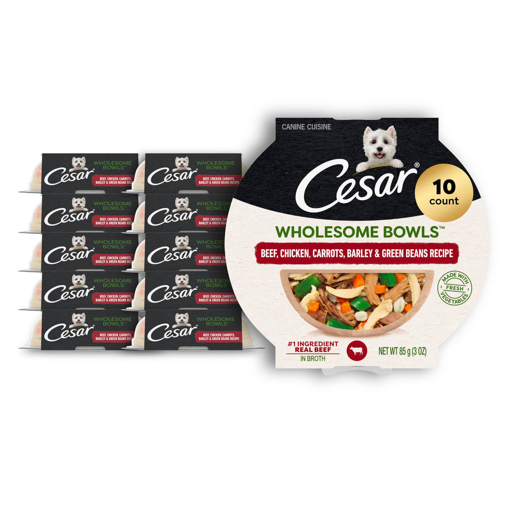 Cesar Wholesome Bowls beef-chicken-carrots-barley-green-beans offers complete nutrition for adult dogs.