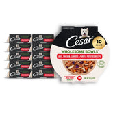 Cesar Wholesome Bowls beef chunks in bowl for a savory adult dog meal