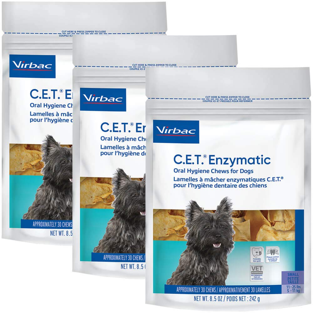 C.E.T. enzymatic oral chew for dogs 11-25 lbs promotes fresh breath and plaque control.