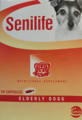 Ceva Senilife box front showing packaging for elderly dogs supporting aging brain health