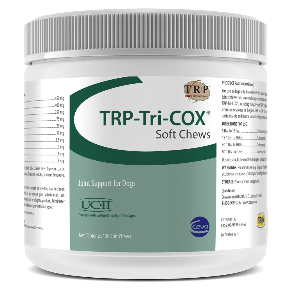 Ceva TRP Tri COX bottle closeup for joint support and liver flavor