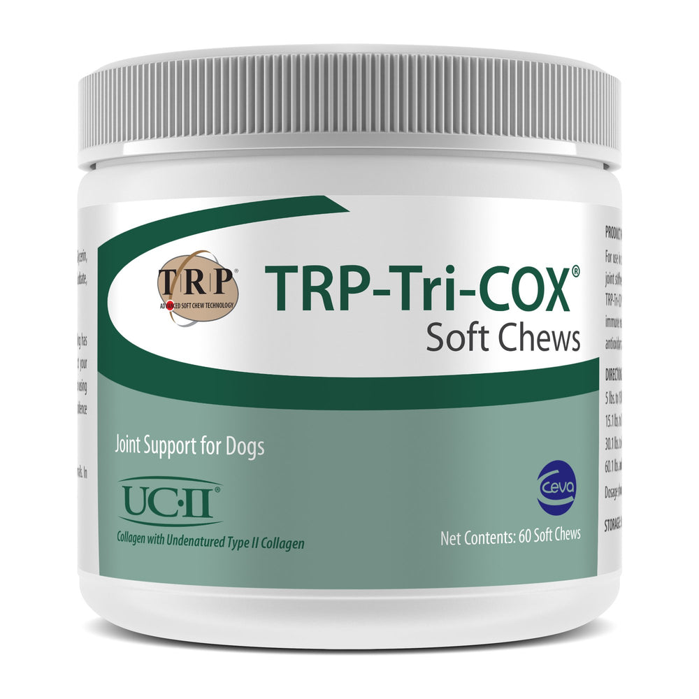 Ceva TRP-Tri-COX Soft Chews bottle promotes joint support for dogs