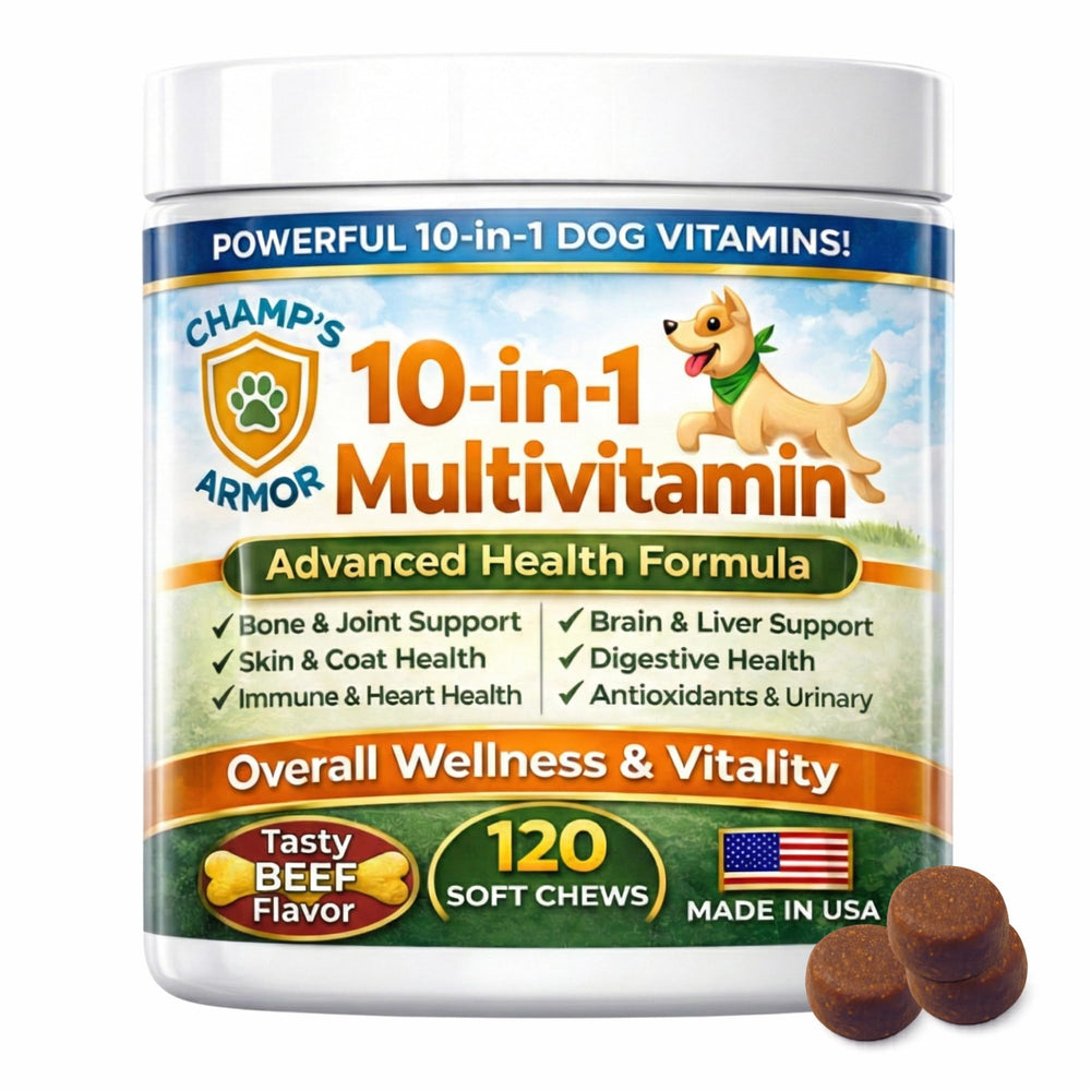 Champ's Armor dog multivitamin bottle boosts daily vitality with 10-in-1 benefits.