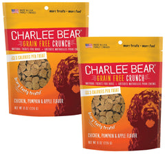 Charlee Bear Crunchy Training Treats package front with two bags for consistent rewards.