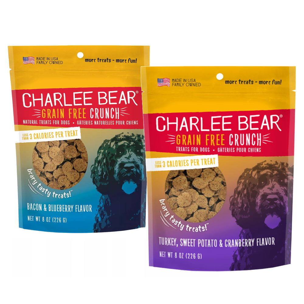 Charlee Bear Crunchy Training Treats front packaging shows USA-made quality.