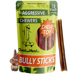 Cheat and Meal Co bully stick 6-inch 10-count in packaging for long-lasting chewing.