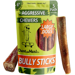 Cheat and Meal Co bully sticks 6-inch for large dogs, long-lasting chew in pack front view.
