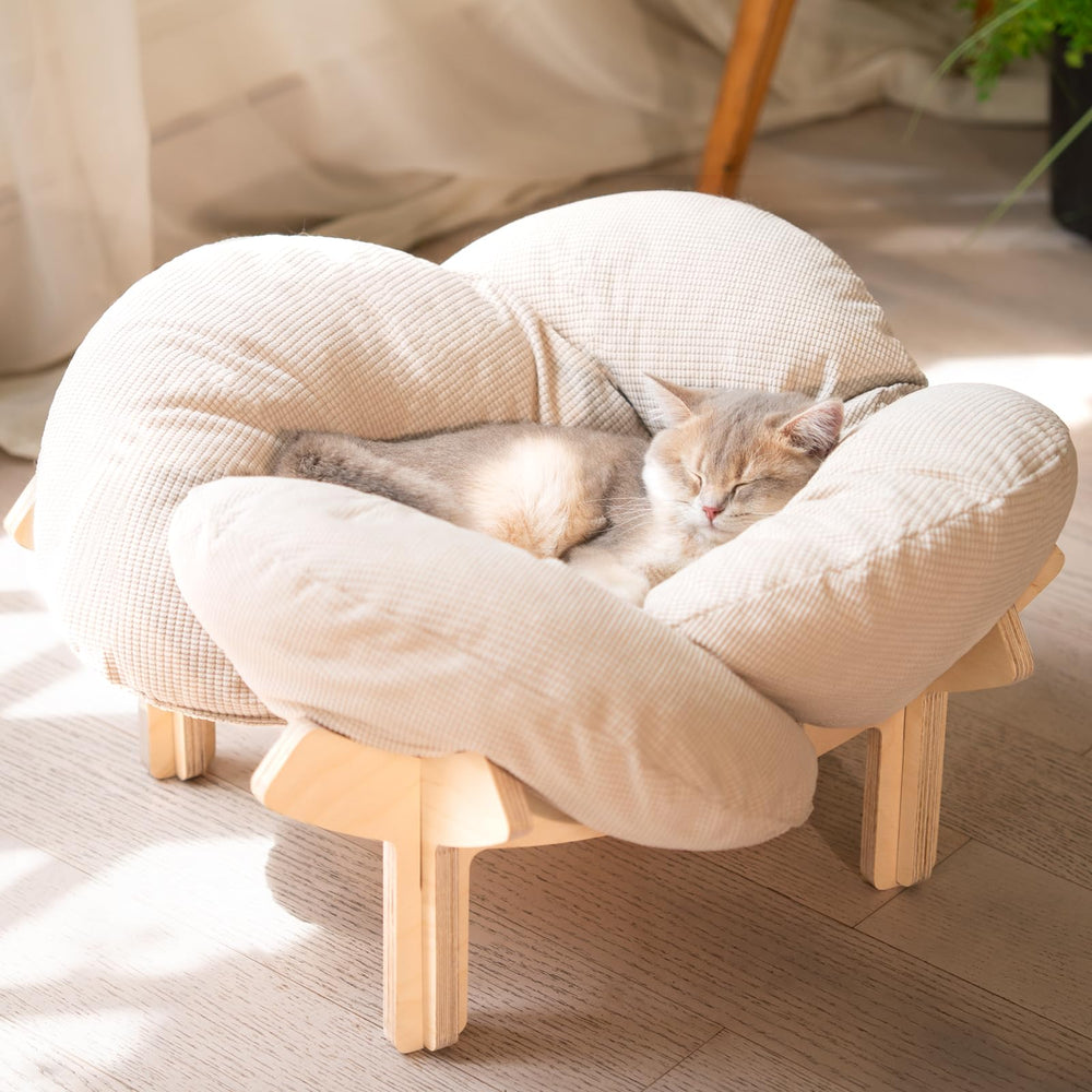 CHEERHOME PETS elevated cat bed features a wooden base for secure lounging.