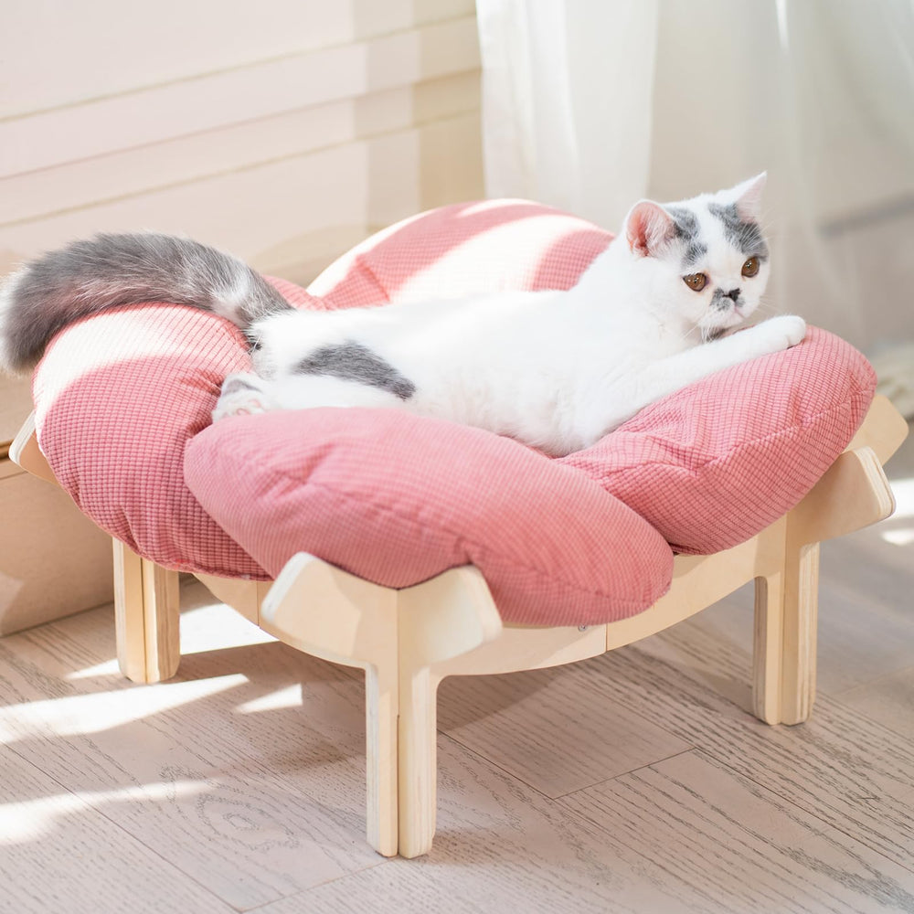 CHEERHOME PETS elevated cat bed front view highlights stylish wooden base and cozy pink cushion