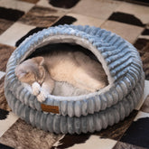 CHEERPALS Cat Cave Bed dark blue close-up shows plush texture for cozy naps.