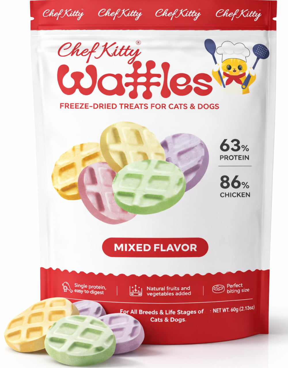 Chef Kitty waffle freeze-dried chicken cat treats in bag with crisp texture for training