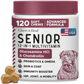 Chew + Heal Labs 12-in-1 senior dog multivitamin bottle supports daily wellness.