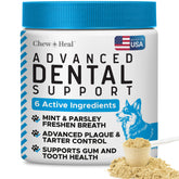 Chew + Heal Labs advanced dental powder for dogs targets tartar buildup.
