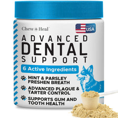 Chew + Heal Labs advanced dental powder for dogs targets tartar buildup.