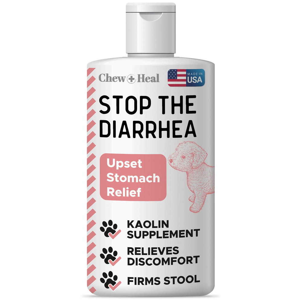 Chew + Heal Labs anti-diarrhea liquid bottle for dogs promotes more formed stools.